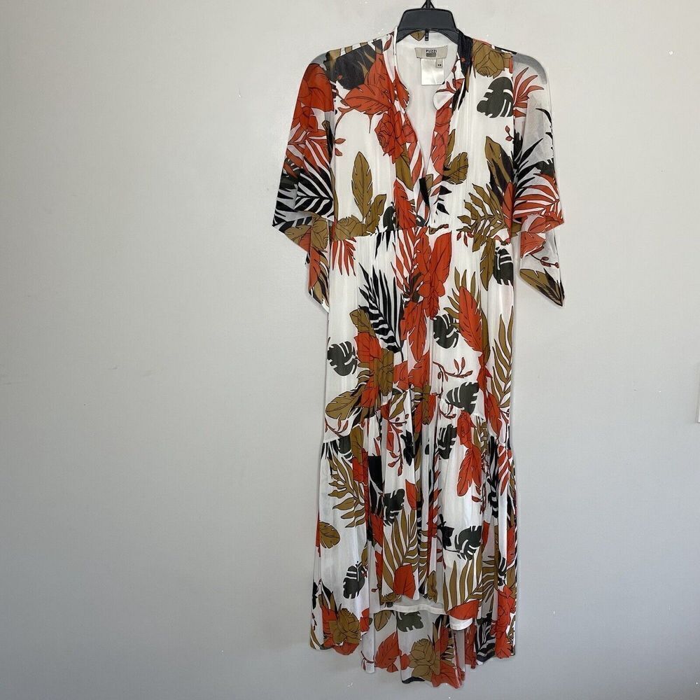 FUZZI Dress Womens XS Leaf Print Tulle Ivory Orange Brown A-Line Ruffle Midi